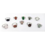 Ten Different Gemstone Rings. Includes jade, lapis, moonstone, carnelian. Sizes range from L to U.