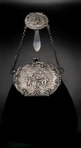 A Wonderful Antique Cloth and Hallmarked Silver Purse. Repousse decorative lid flap with mirror plus