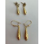 2 x pairs 9 carat GOLD EARRINGS. Drop style Pampel shape, to include one pair having chased