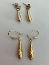2 x pairs 9 carat GOLD EARRINGS. Drop style Pampel shape, to include one pair having chased