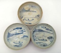 Three 15th Century Chinese Ceramic Sauce Bowls. 11cm diameter.