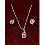 A Matching 9 Carat Gold Ruby and Diamond Earring Set. Necklace 46cm Length White Gold Chain, Pendant