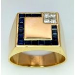 A gents, 18 K yellow gold cygnet ring with square cut blue sapphires and diamonds, size: W,