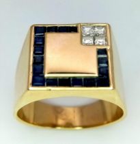 A gents, 18 K yellow gold cygnet ring with square cut blue sapphires and diamonds, size: W,