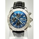 A Breitling Chronograph Automatic Gents Watch. Black leather strap. Stainless steel case - 44mm.