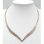 A STUNNING 3 COLOURED ITALIAN 9K GOLD CHEVRON NECKLACE WITH SAFETY CATCH . 10.6gms 40cms approx