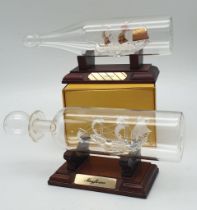 A Pair of Vintage Glass Ships in Bottles of the Mayflower & a 16th Century Galleon on Wooden Plinths