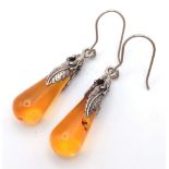 A Vintage or Antique Pair of Leaf Design Mounted Pear Cut Amber Earrings, 5cm Length. Set with 2.5cm