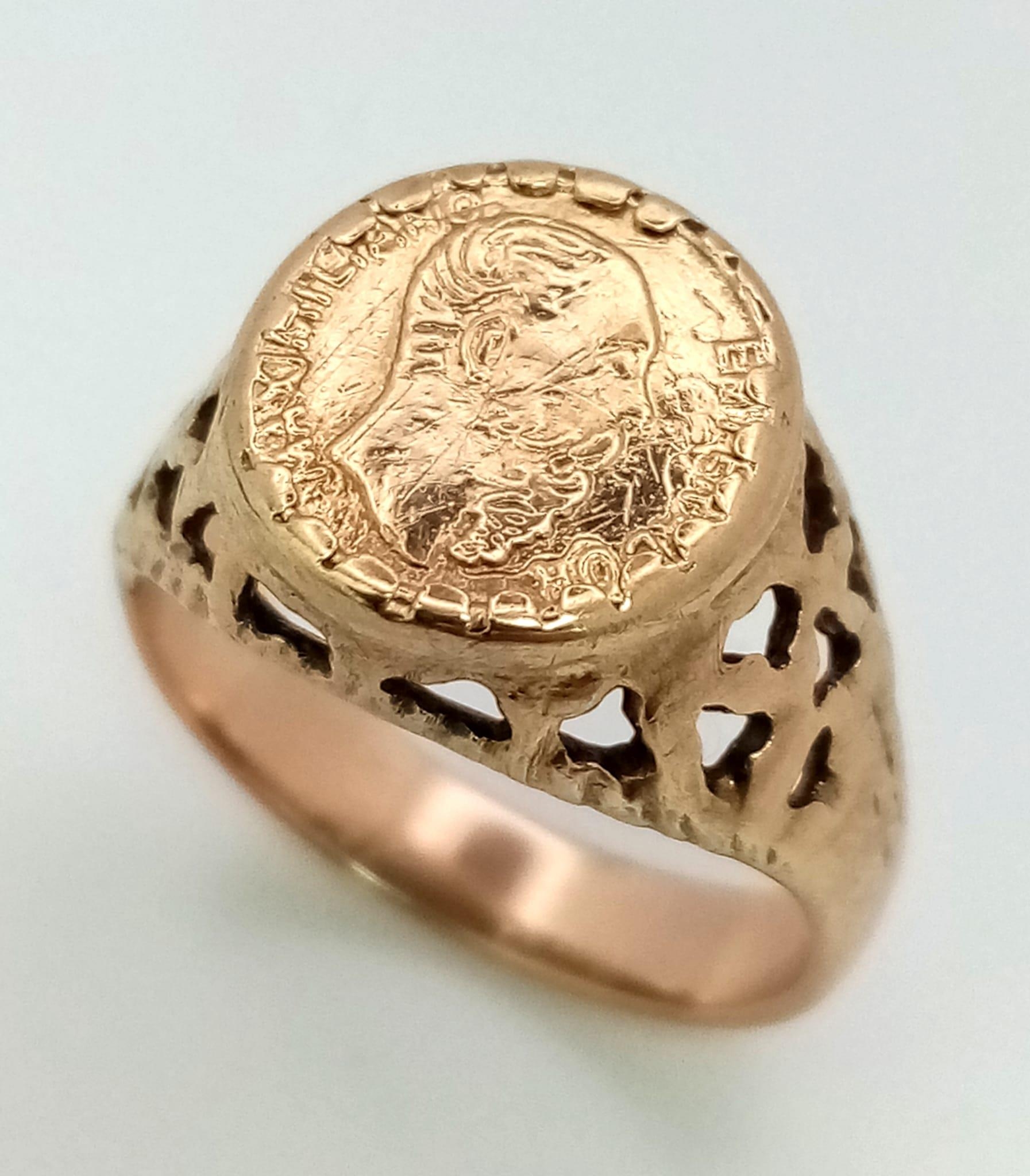 A 9K Yellow Gold Maximiliano Emperador 1865 Coin Ring. Size J/K, 3.5g total weight. - Image 2 of 3