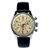 A Vintage Omega Chronograph Gents Watch. Black leather strap. Stainless steel case - 35mm. Cream