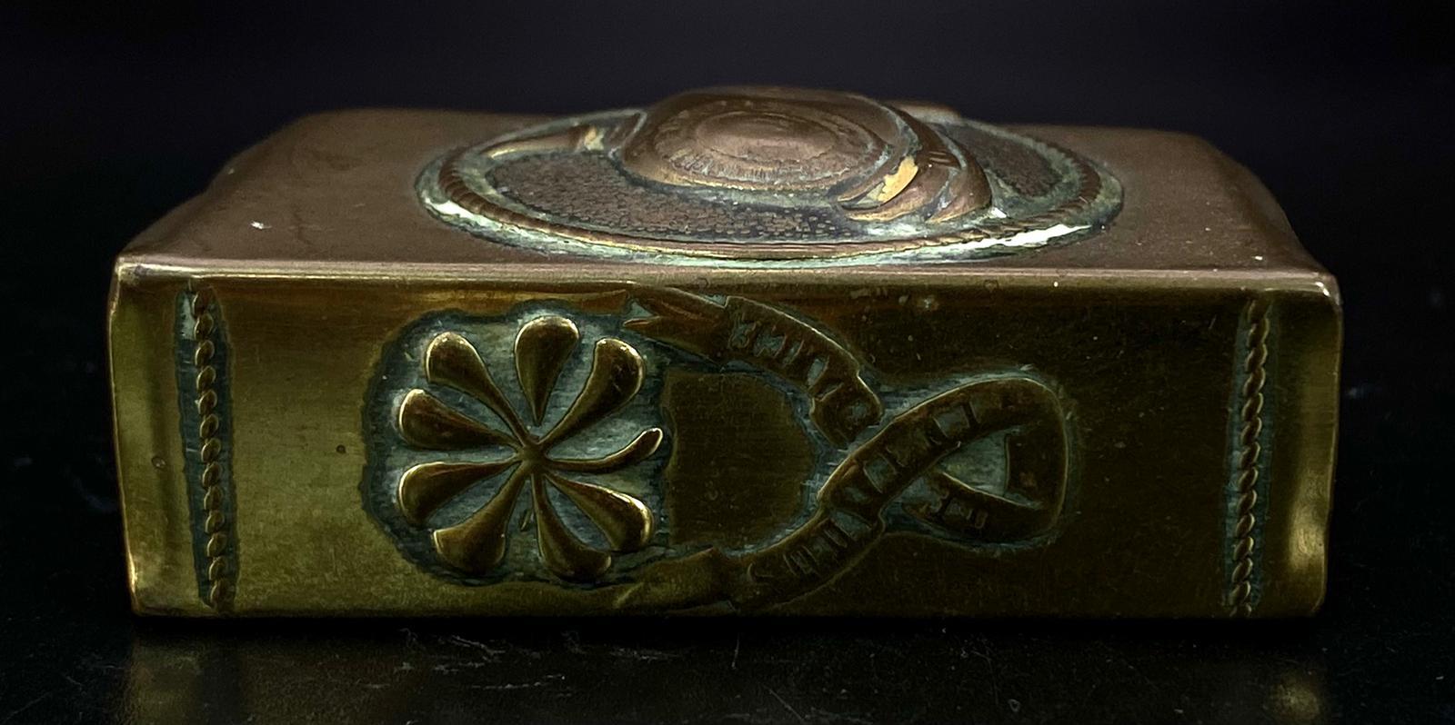 A Vintage Brass Trench Art Matchbox/Vesta Holder with Raised Relief of a German 'Pickelhaube' - Image 3 of 5