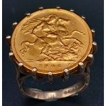 A 9 K yellow gold ring with a sovereign 1906. Ring size: L, weight: 9.6 g