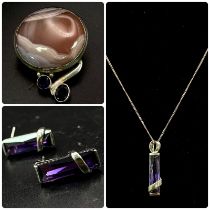 Collection of Sterling Silver and Purple gemstone featured Jewellery items. Consisting of three