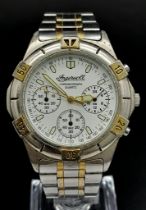 A Vintage Ingersoll Two Tone Chronograph Quartz Watch. Two tone strap and case - 38m. White dial