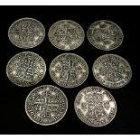A Parcel of 8 Pre-1947 Silver Half Crowns Coins From WW2 period. Comprising of 2 x 1939, 3 x 1940,