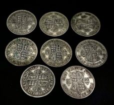 A Parcel of 8 Pre-1947 Silver Half Crowns Coins From WW2 period. Comprising of 2 x 1939, 3 x 1940,