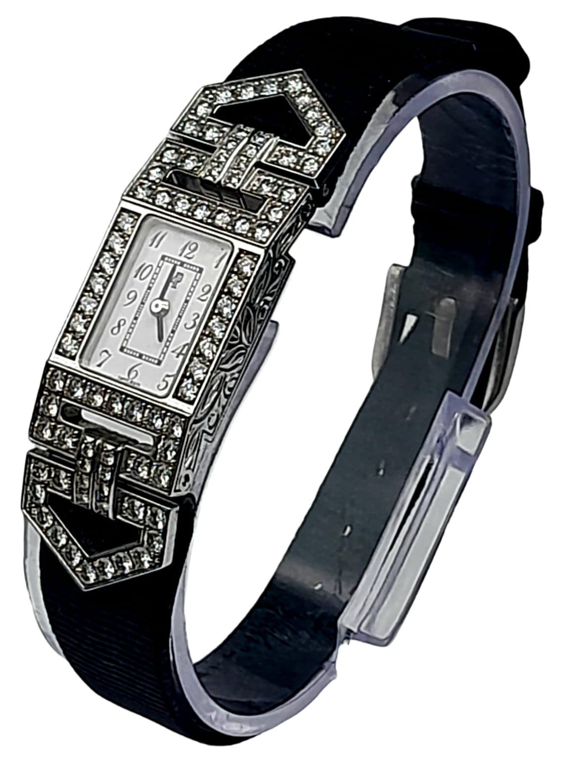 An 18K White Gold and Diamond Audemars Piguet Ladies Watch. Black leather strap with an 18k gold - Image 2 of 8