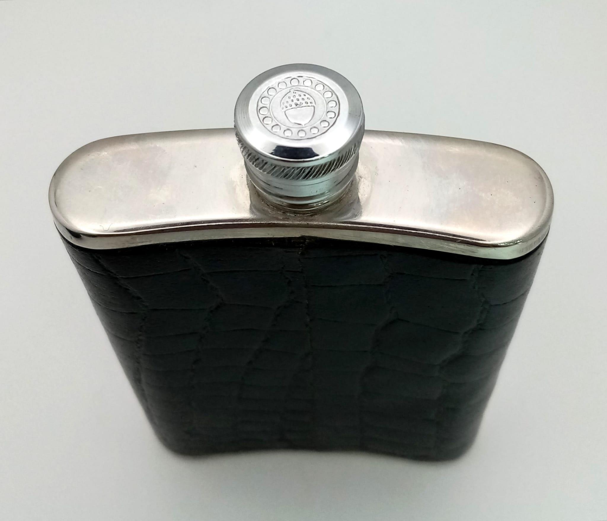An Ebony Trinket Box and a Small Stainless steel and Leather Nip Flask! 10cm flask height. 7cm - - Image 2 of 5