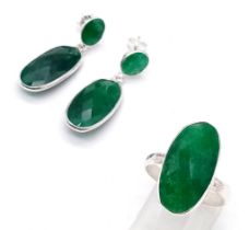 A Matching Set of 925 Silver Emerald Earrings and Ring. Approx. 30cts Emerald. Ring Size Q. Total