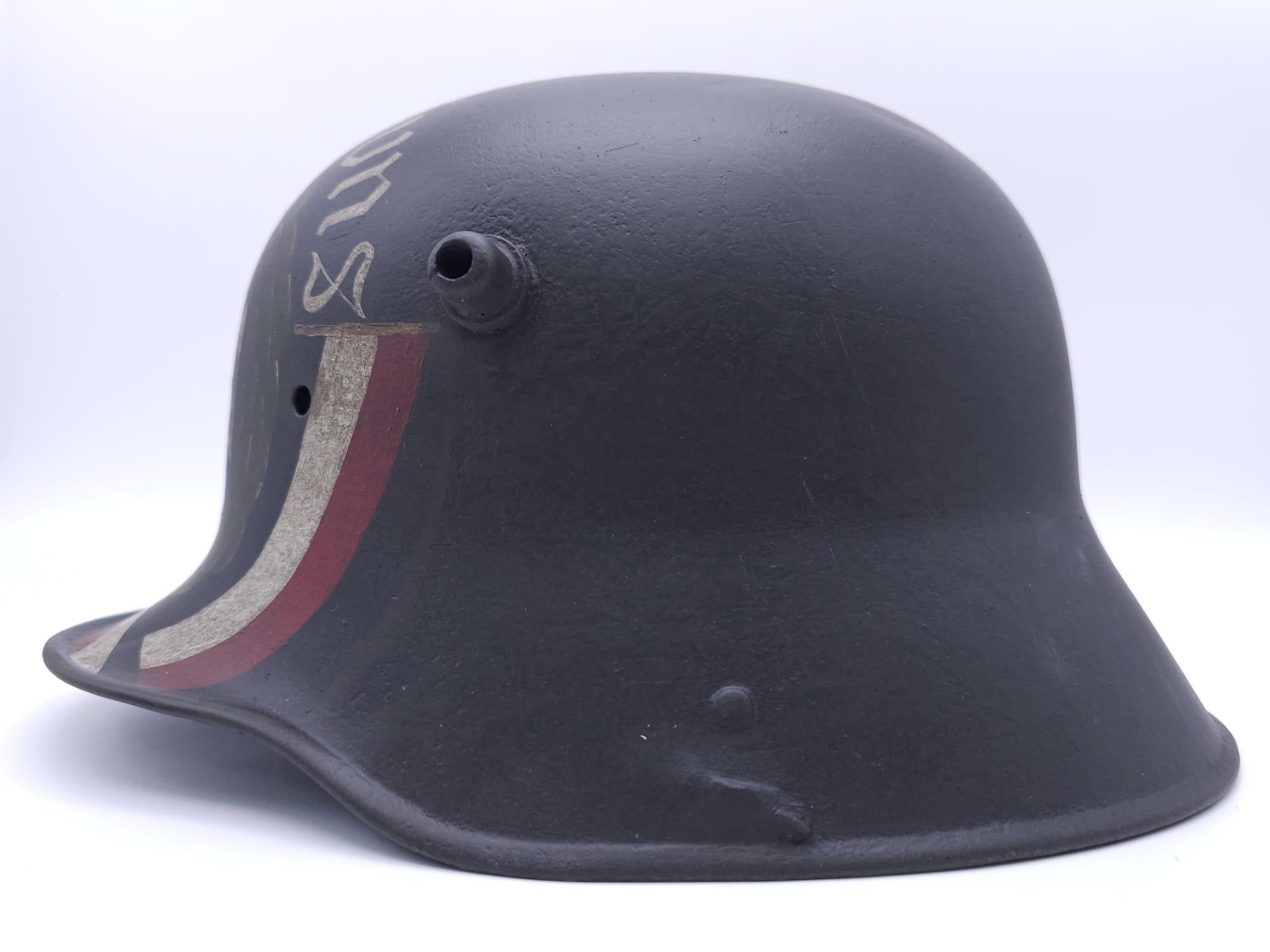 WW1 German Memorial Helmet. Original WW1 German Stahlhelm helmet with post ..War memorial painting. - Image 4 of 7