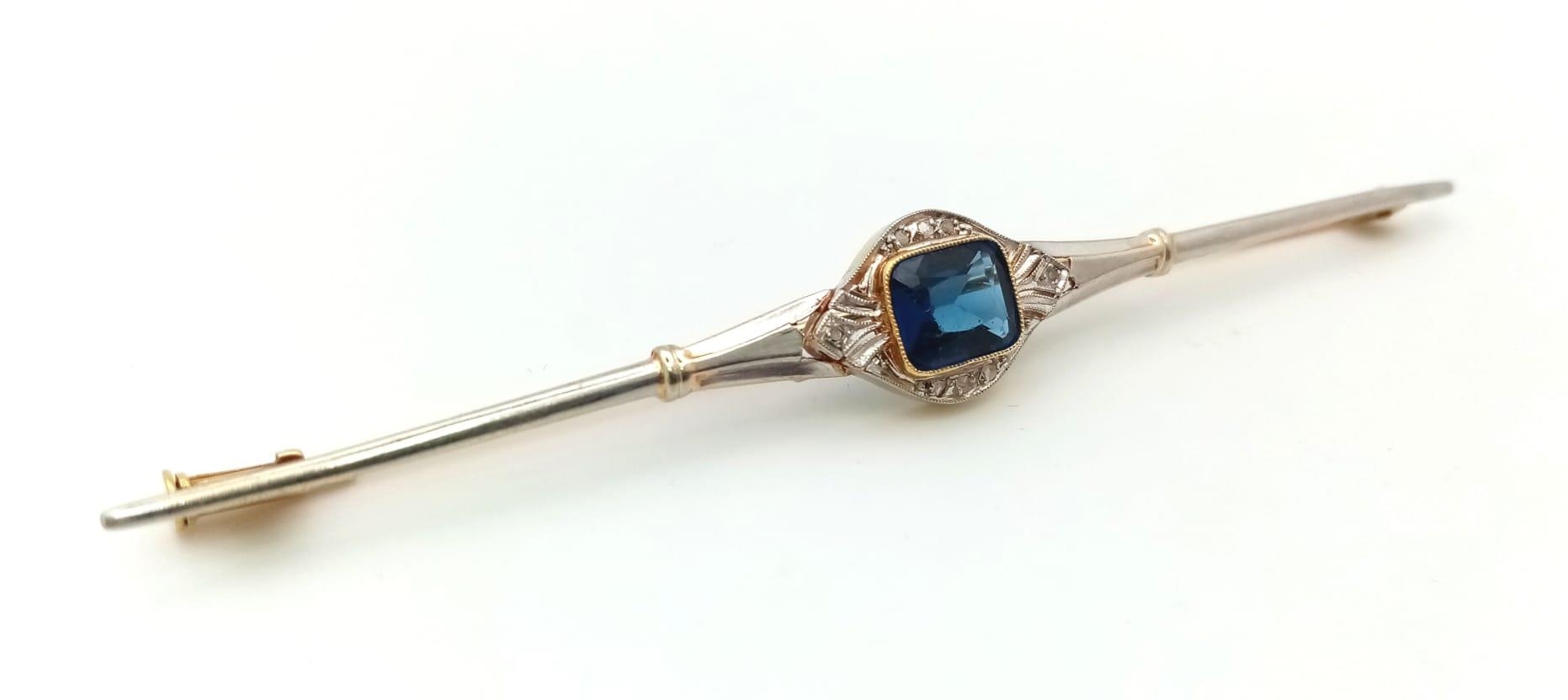 An Antique Victorian 18K Yellow Gold Sapphire and Diamond Brooch. 8cm. 4.03g total weight. - Image 3 of 5