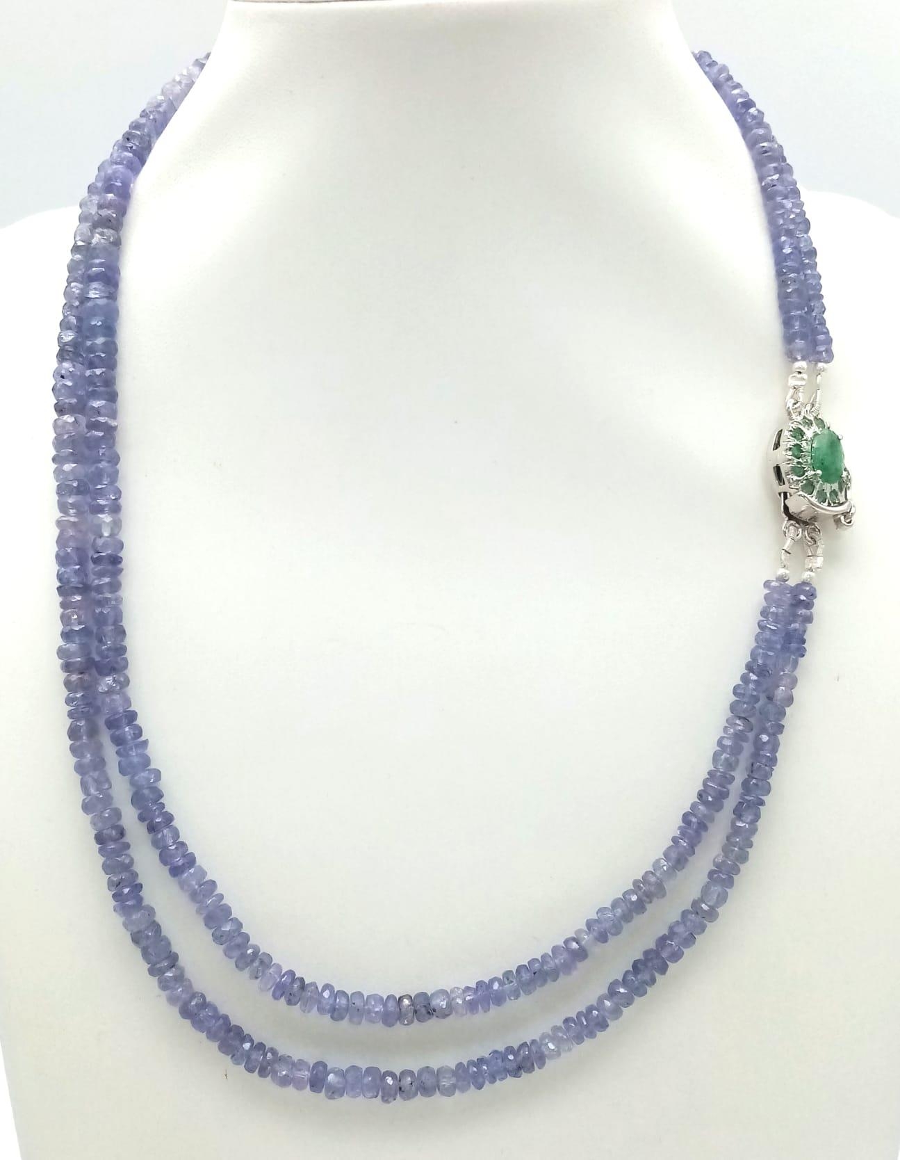 A Two Row Tanzanite Gemstone Necklace with an Emerald and 925 Silver Clasp. 45cm in length, 175ctw - Image 2 of 6