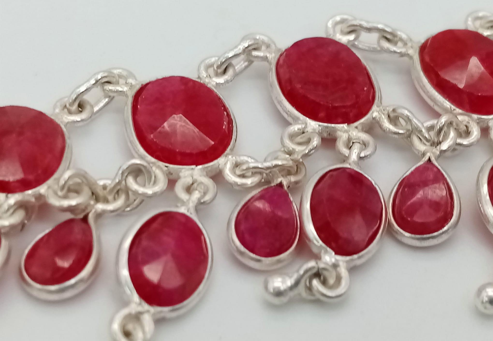 A Ruby Gemstone Choker Necklace set in 925 Silver. Two rows of oval cut rubies. 38.58g total weight. - Image 3 of 4