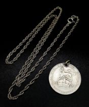 An Antique Edward VII Silver Shilling Coin Pendant Necklace. 52cm Length Sterling Silver Chain.