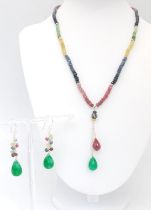 A Ruby, Emerald and Sapphire Necklace with Matching Earrings. 43.5cm necklace, 4cm drop earrings.