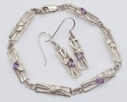 Matching Set of Vintage Rennie Mackintosh Jewellery. Comprising Amethyst Bracelet & Earrings.