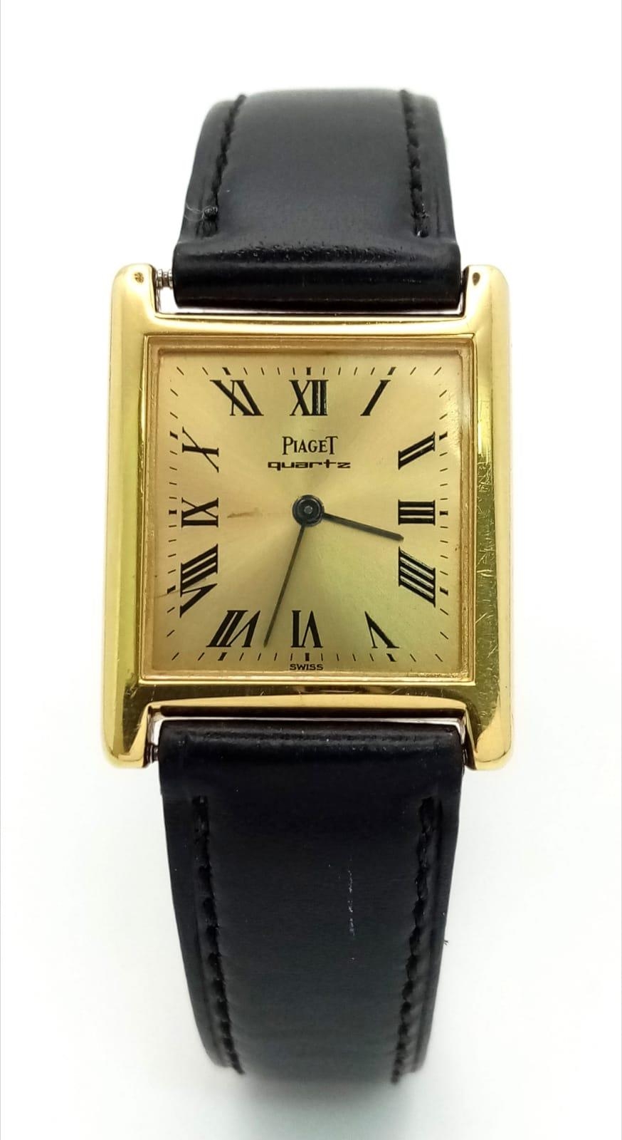 A Vintage 18k Gold Piaget Quartz Ladies Watch. Black leather strap with 18k gold buckle. 18k gold - Image 2 of 7