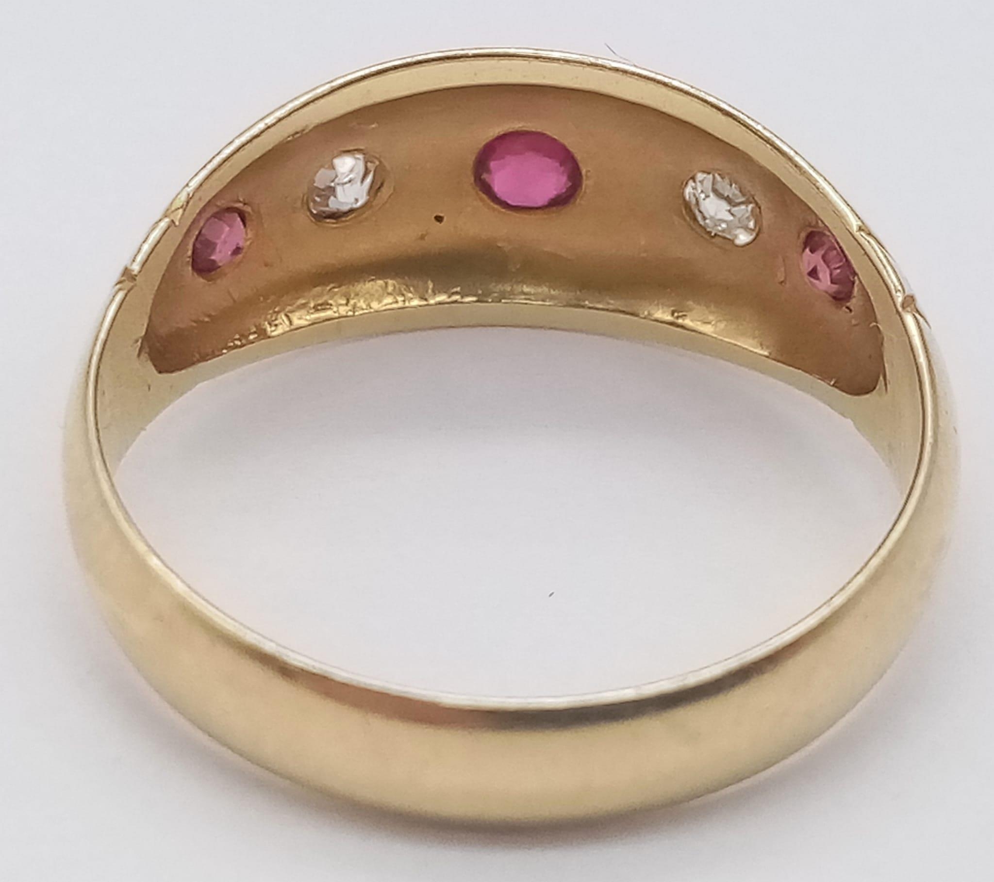 A VINTAGE 18K YELLOW GOLD, OLD CUT DIAMOND & RUBY RING. Size M/N, 2.5g total weight. - Image 4 of 5