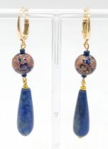 Pair of Cloisonné Lapis Lazuli pendant earrings. 7.5cms in length.