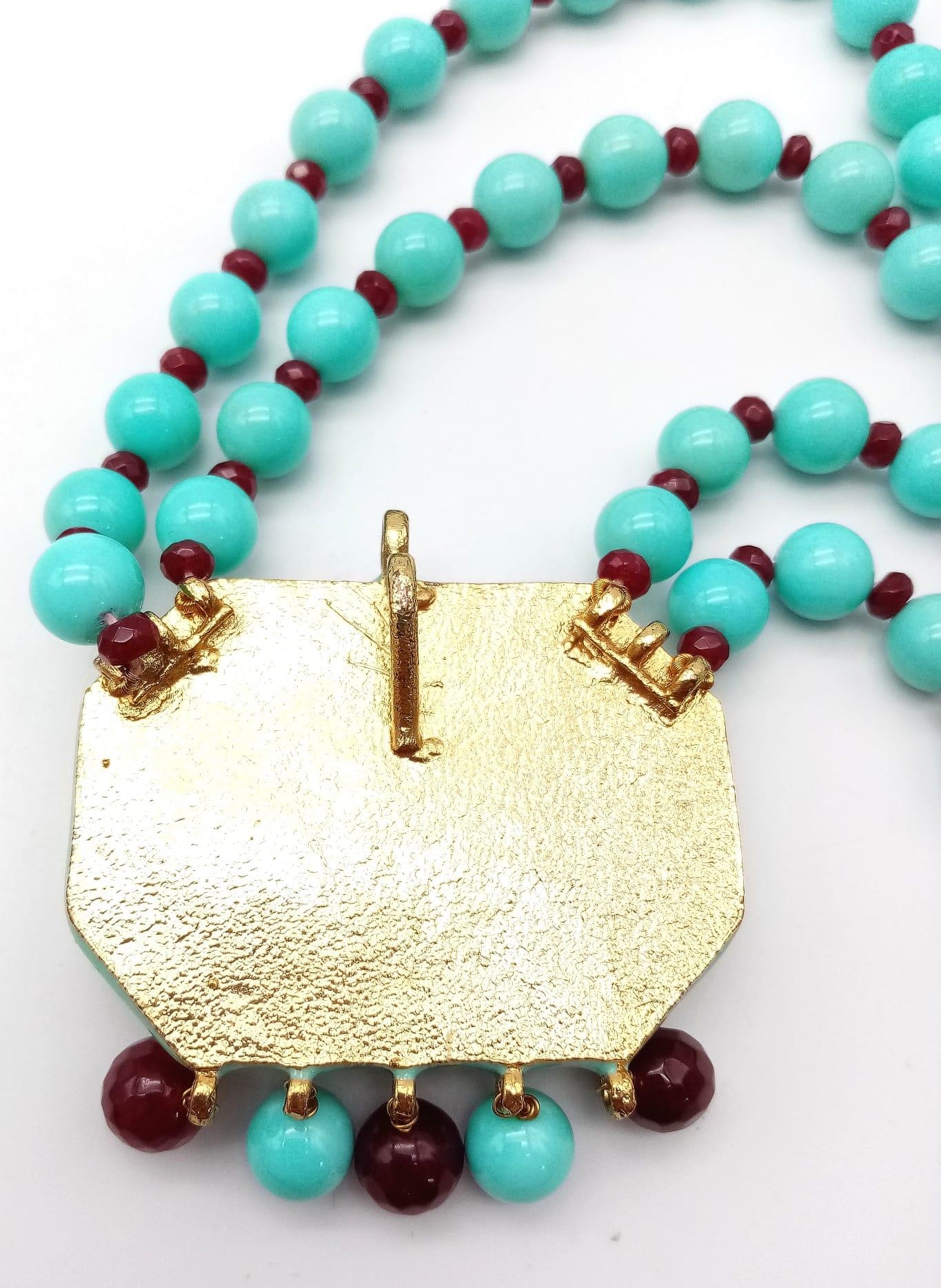 Stunning Turquoise & Garnet 2 row necklace, gold gilded silver with vintage push-pin clasp. 28cms in - Image 4 of 6