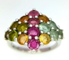 A Sterling Silver Multi-Gemstone Set Ring. Size: T/U. Crown Measures 2.5 x 2cm. Weight: 4.99 Grams.