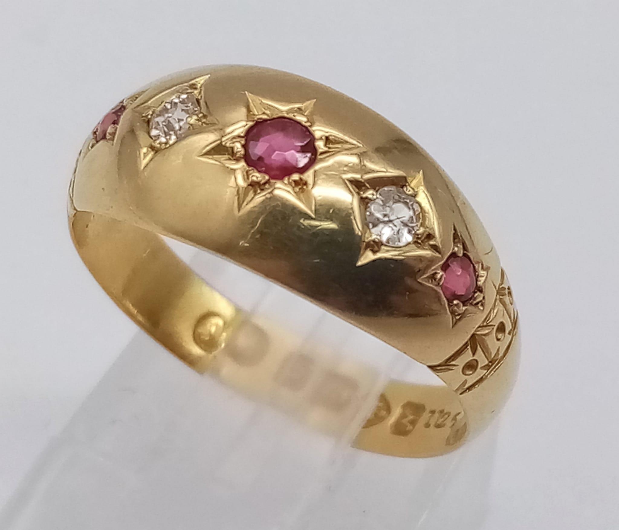 A VINTAGE 18K YELLOW GOLD, OLD CUT DIAMOND & RUBY RING. Size M/N, 2.5g total weight. - Image 2 of 5