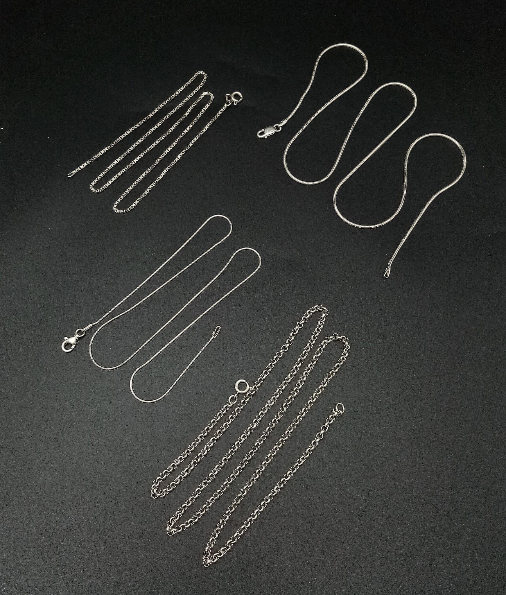 Four Sterling Silver Necklaces. Different lengths and styles, 23.2g total weight.