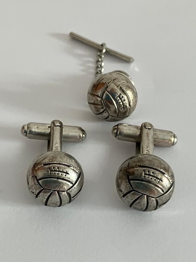 Vintage SOLID SILVER FOOTBALL CUFFLINKS with matching SILVER TIE PIN.