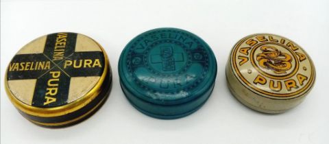3 x WW1 Empty Italian Vaseline Tins. Originally, they would have been used as a lip balm against