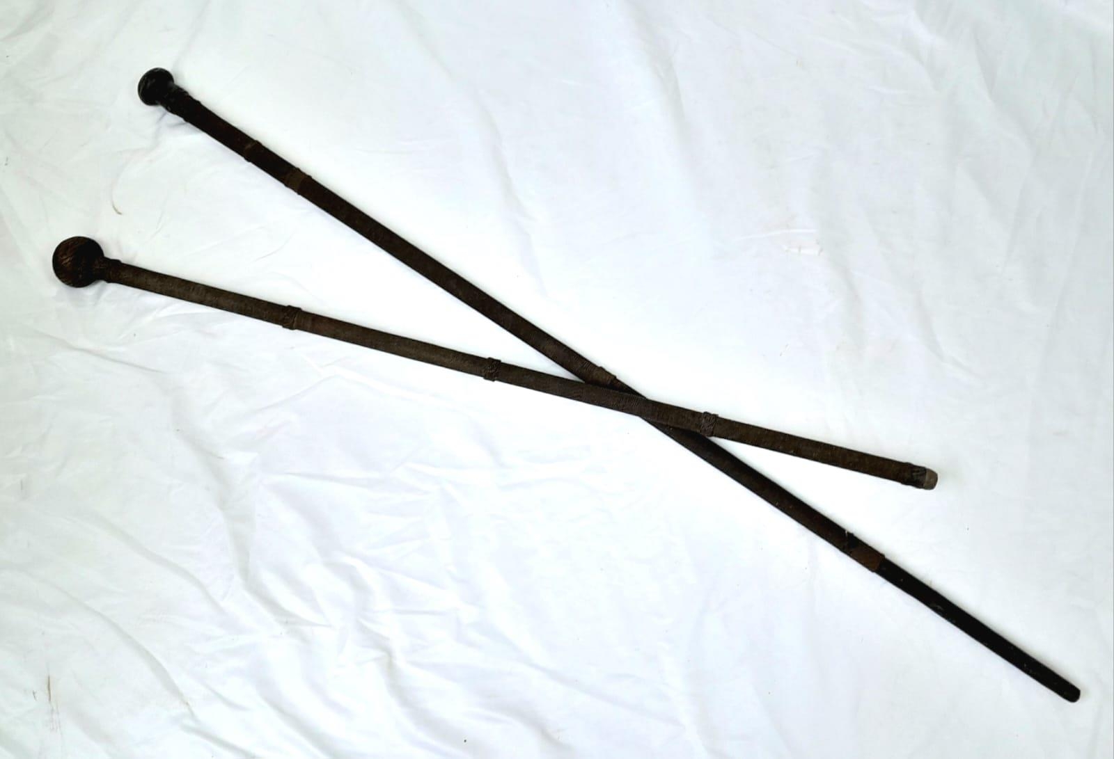 Two Antique Asian Wooden Walking Sticks With Wire Woven Exterior. Metal Handled Stick Measures - Image 3 of 3