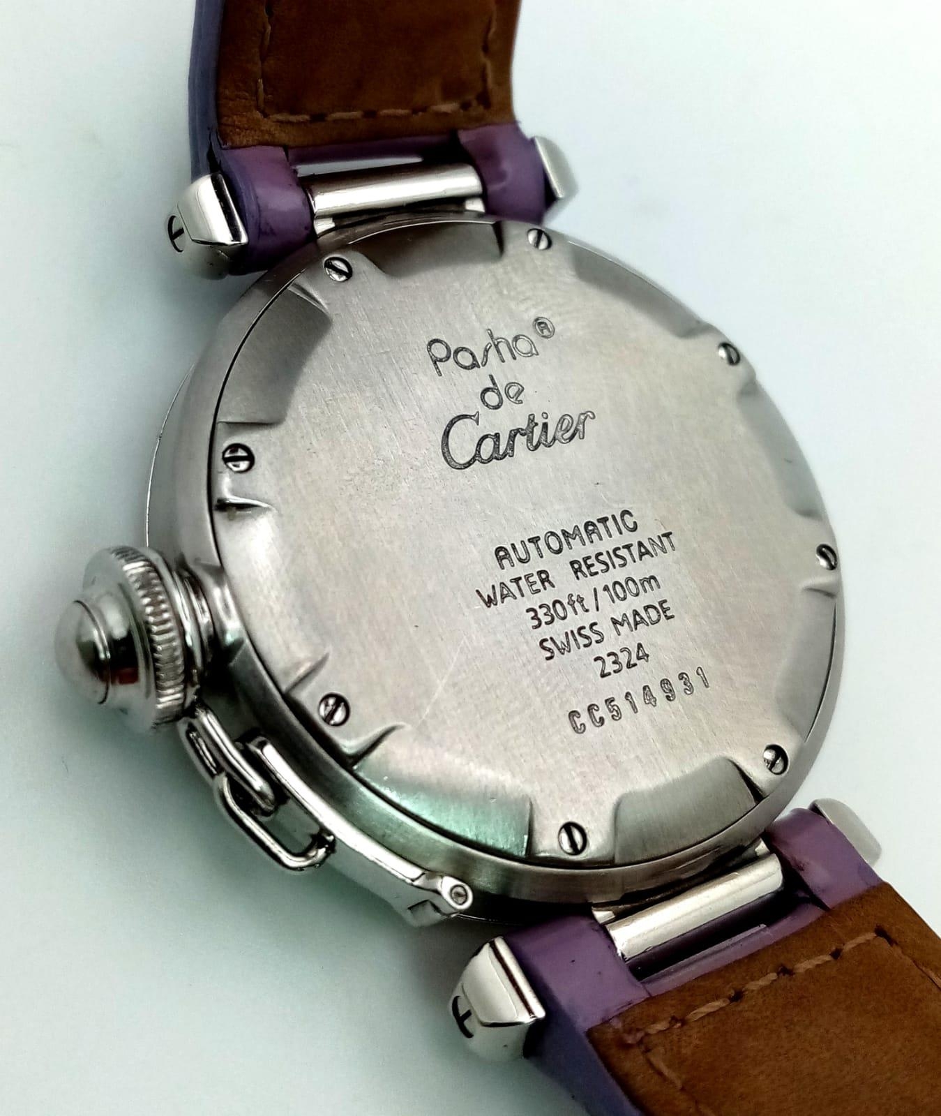 A Pasha de Cartier Automatic Ladies Watch. Lavender leather strap. Stainless steel case - 36mm. - Image 7 of 8