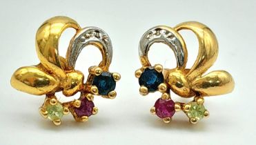 A Pair of 9K Yellow Gold, Sapphire, Emerald, Ruby and Diamond Earrings. 2.43g total weight.