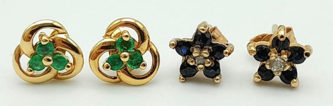 Two Pairs of 9K Yellow Gold Gem Earrings. Emerald and Sapphire. 1.47g total weight.