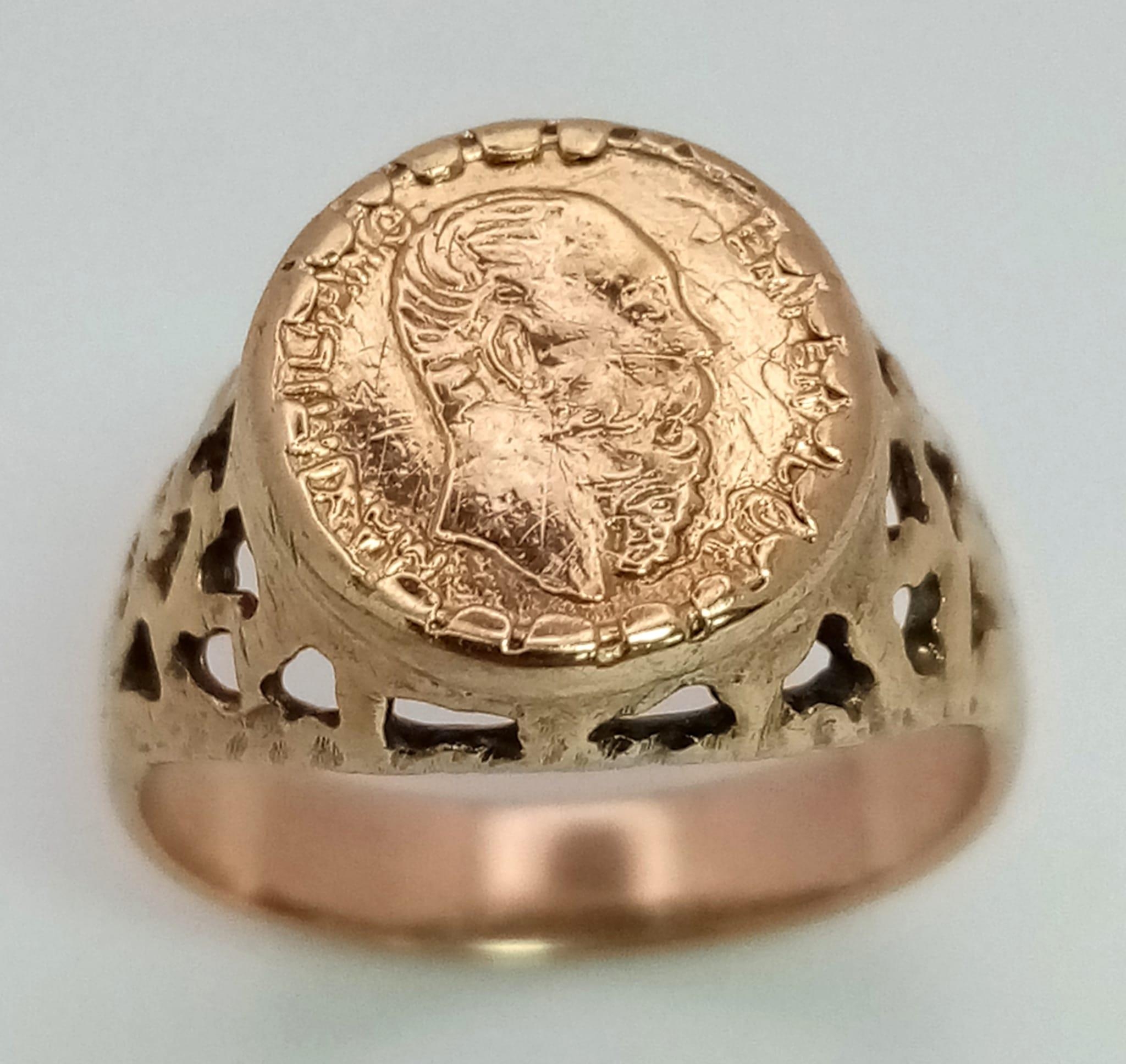 A 9K Yellow Gold Maximiliano Emperador 1865 Coin Ring. Size J/K, 3.5g total weight.