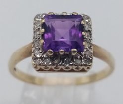 9K YELLOW GOLD DIMAOND & AMETHYST CLUSTER RING SIZE: O WEIGHT: 2.9G