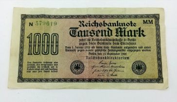 Scarce German Weimar Republic 1000-mark note, issued 1922 from Berlin, overprinted by the NSDAP on
