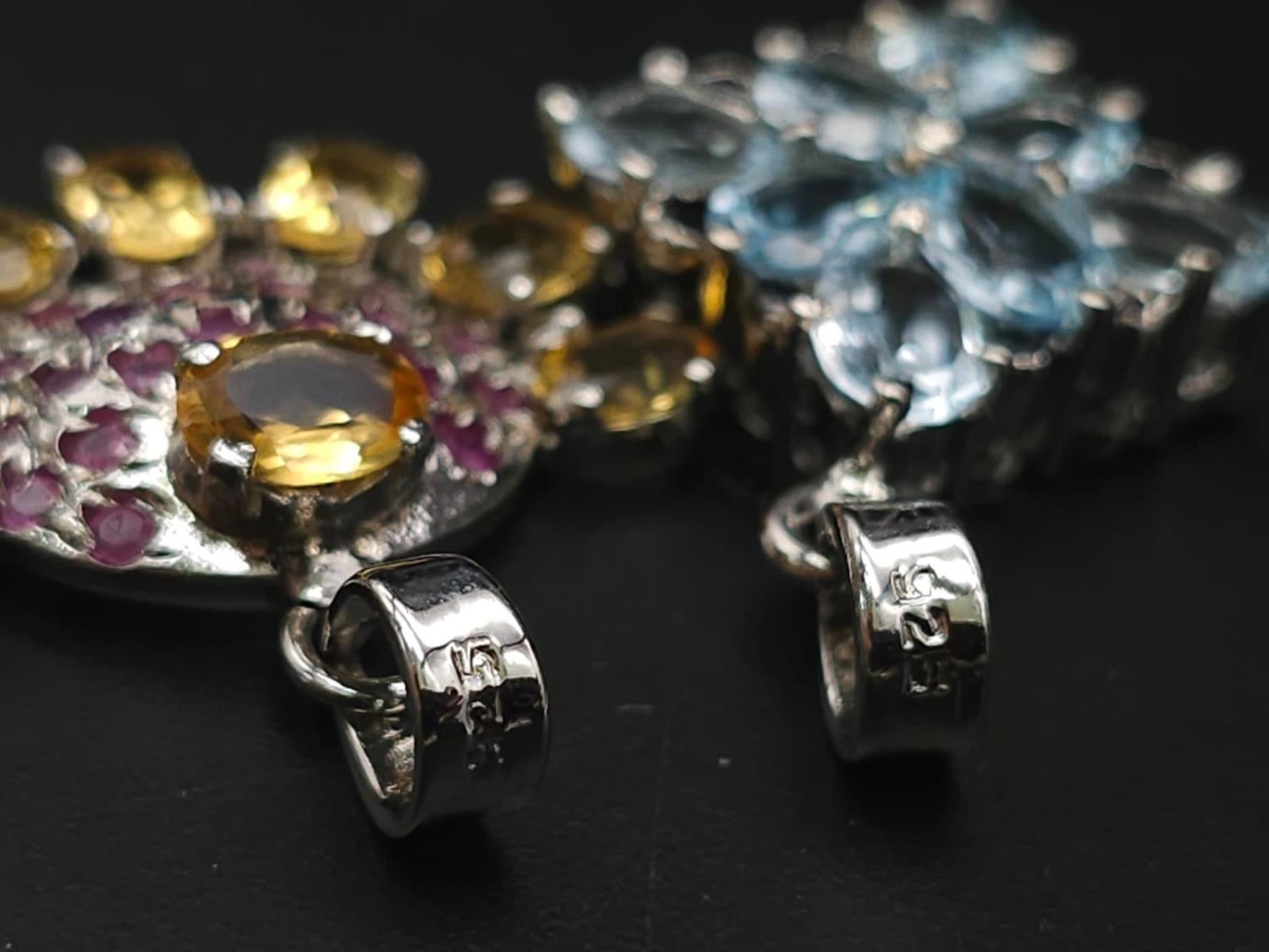 Six Gemstone 925 Silver Pendants. Emerald, Amethyst x 3 citrine and topaz. 20/24mm. - Image 8 of 10