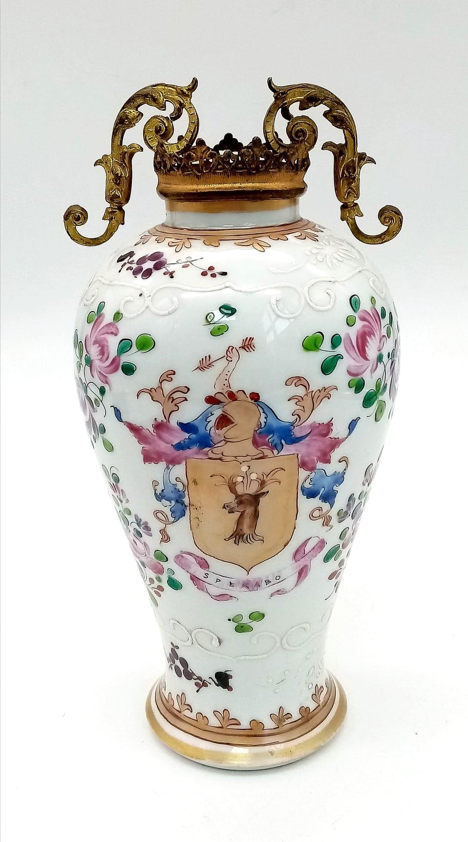 An Antique Porcelain Chinese Vase with Hand-Painted Armorial and Floral Decoration. Marks on base.