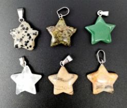 Six Gemstone Star-Shaped Pendants - Includes rose quart and jade. 3cm.