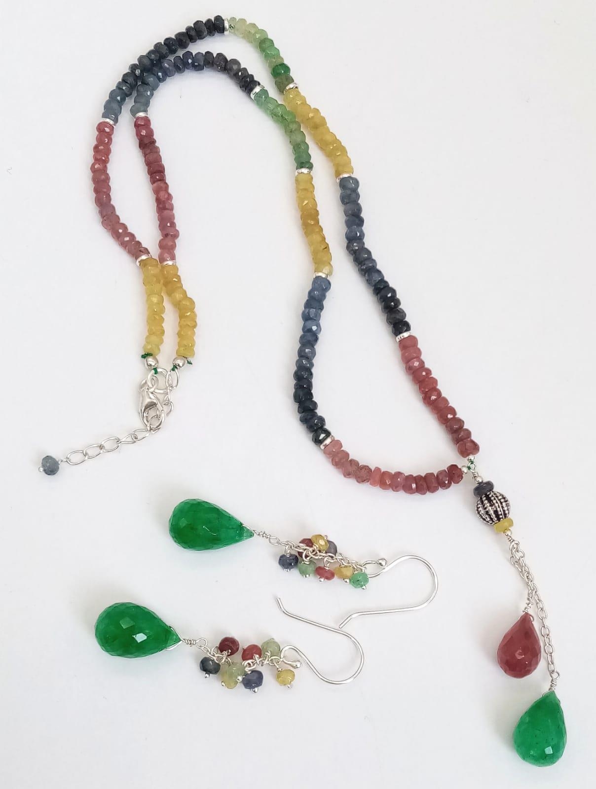 A Ruby, Emerald and Sapphire Necklace with Matching Earrings. 43.5cm necklace, 4cm drop earrings. - Image 2 of 2